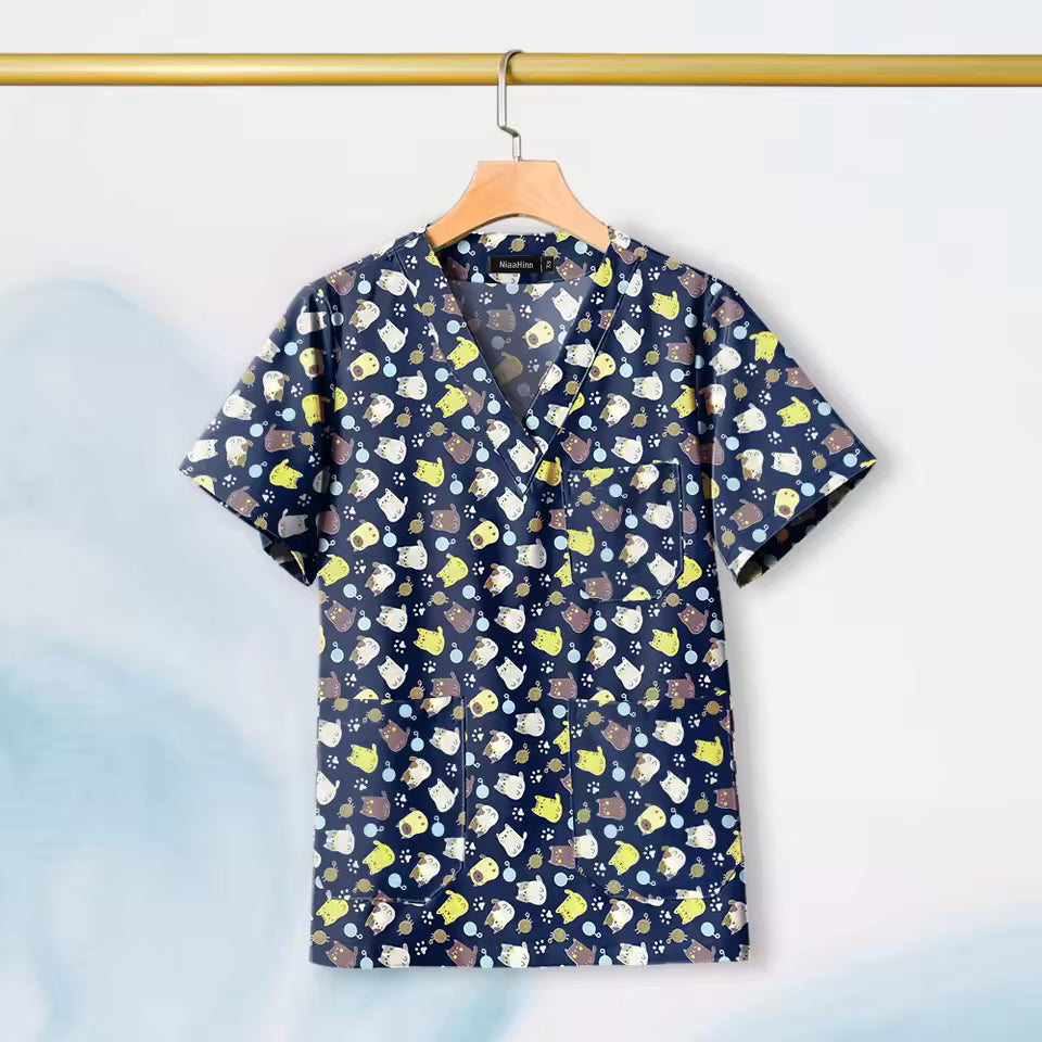 Cats Black Scrub Top