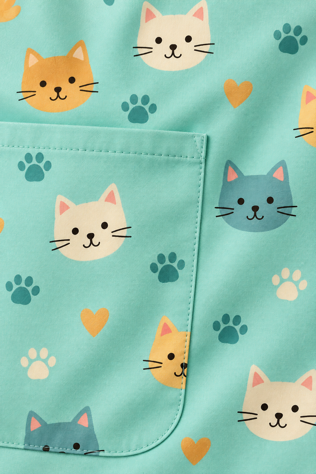 Aqua cat print fabric and pocket stitching close-up; AI-generated visualisation