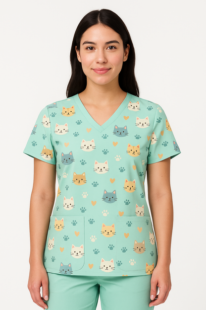 Model wearing Cats Aqua Scrub Top with coordinating aqua trousers