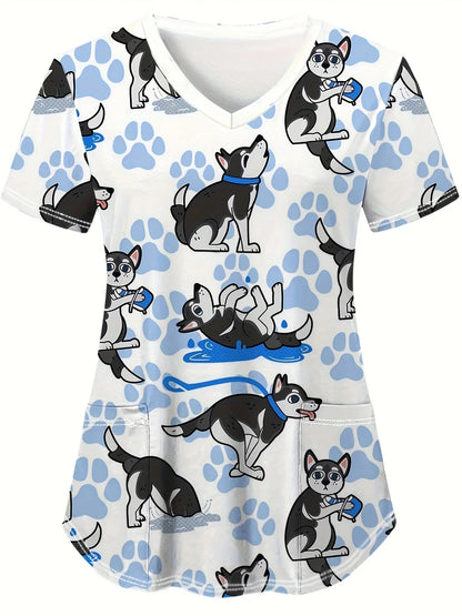 Cat & Dog Print Scrub Top