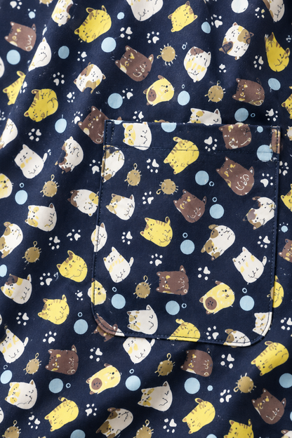 Dark cat print fabric and pocket stitching close-up; AI-generated visualisation
