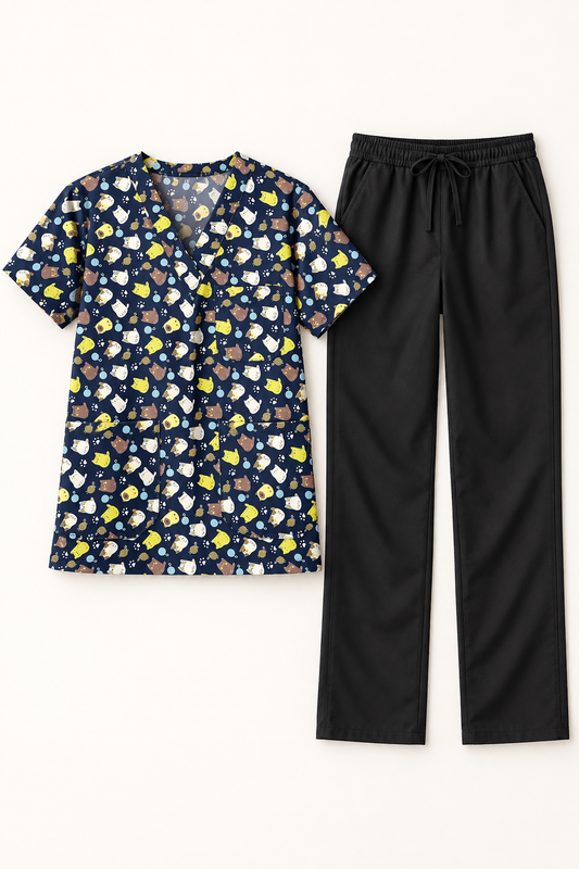 Cats Black Scrub Top laid flat with black styling trousers, not included; AI-generated visualisation