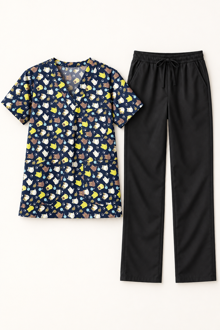 Cats Black Scrub Top