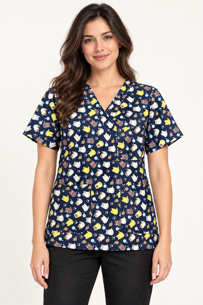 Model wearing Cats Black Scrub Top with black styling trousers, not included; AI-generated visualisation