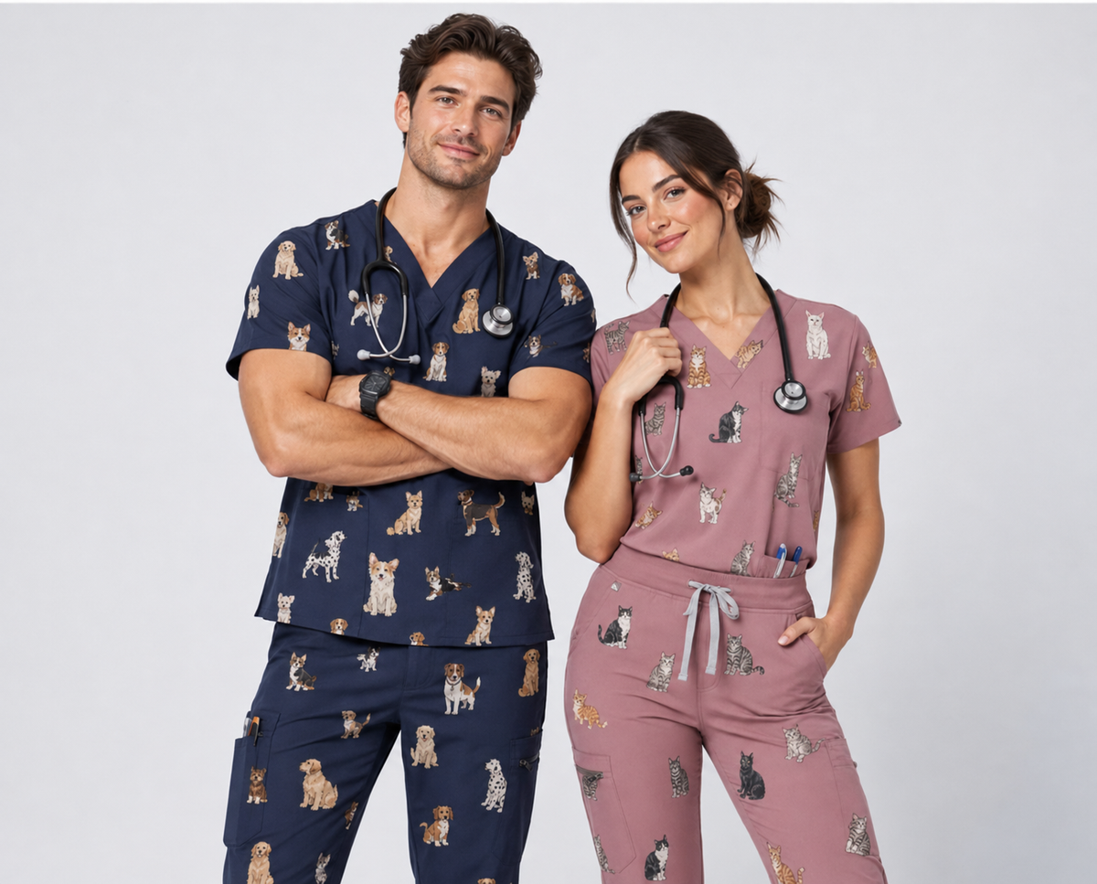 Man wearing navy dog-print scrubs and woman wearing mauve cat-print scrubs