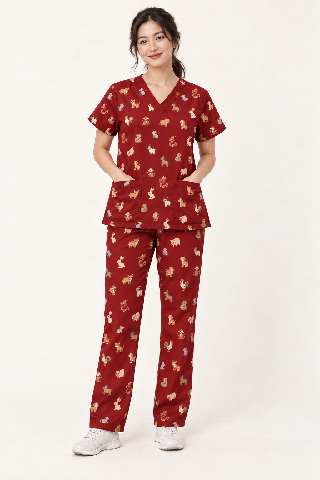 Design concept: model wearing the maroon Chinese zodiac scrub top and matching pants.